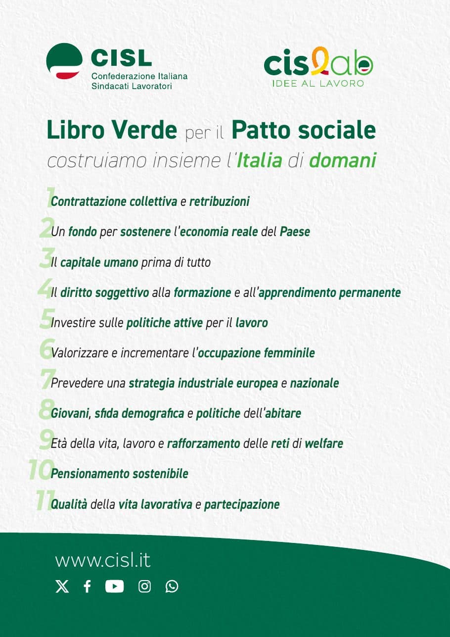 Copertina del Libro Verde CISL per il Patto sociale, con l’elenco degli undici temi